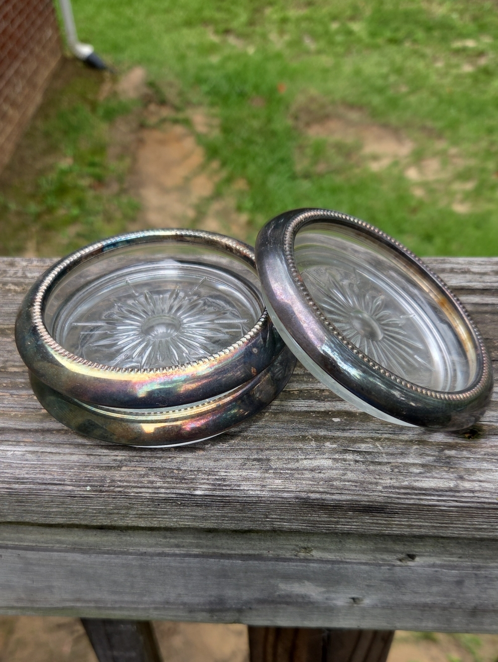 Glass Coaster Set with Silver-Tone Rim - Iridescent Finish